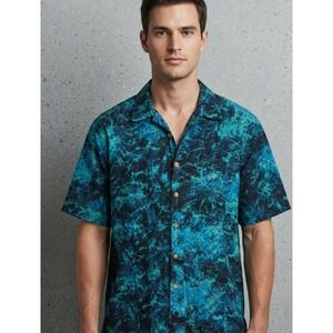 ME Sport Batik Abstract Blue Green Cotton Short Sleeve Button Down Shirt XL
